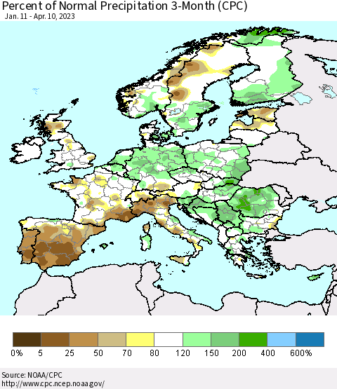 Europe Percent of Normal Precipitation 3-Month (CPC) Thematic Map For 1/11/2023 - 4/10/2023