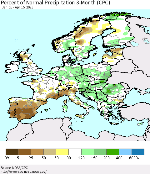 Europe Percent of Normal Precipitation 3-Month (CPC) Thematic Map For 1/16/2023 - 4/15/2023