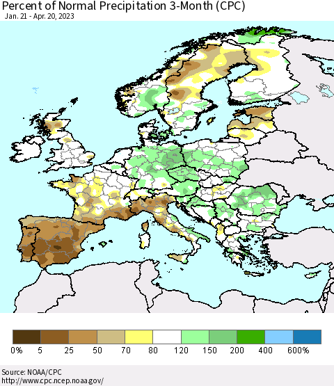 Europe Percent of Normal Precipitation 3-Month (CPC) Thematic Map For 1/21/2023 - 4/20/2023