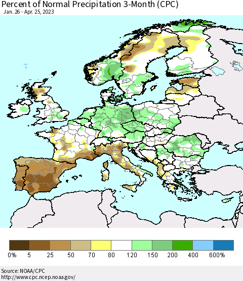 Europe Percent of Normal Precipitation 3-Month (CPC) Thematic Map For 1/26/2023 - 4/25/2023