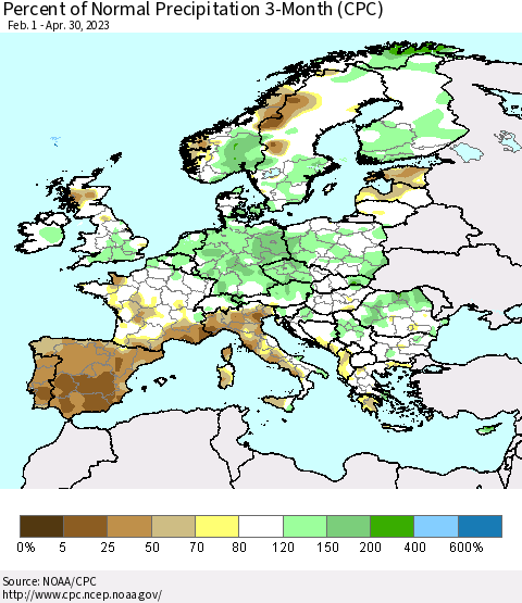 Europe Percent of Normal Precipitation 3-Month (CPC) Thematic Map For 2/1/2023 - 4/30/2023