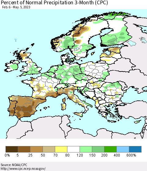 Europe Percent of Normal Precipitation 3-Month (CPC) Thematic Map For 2/6/2023 - 5/5/2023
