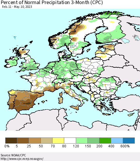 Europe Percent of Normal Precipitation 3-Month (CPC) Thematic Map For 2/11/2023 - 5/10/2023