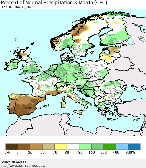 Europe Percent of Normal Precipitation 3-Month (CPC) Thematic Map For 2/16/2023 - 5/15/2023