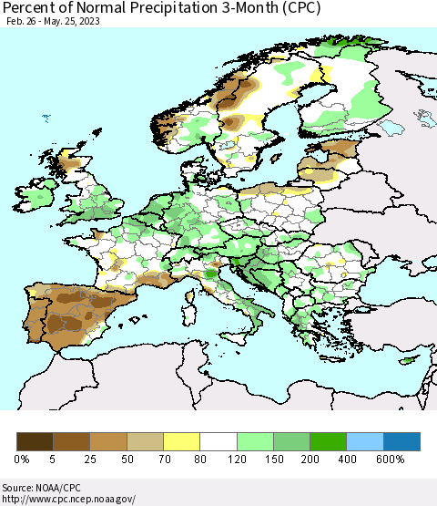Europe Percent of Normal Precipitation 3-Month (CPC) Thematic Map For 2/26/2023 - 5/25/2023