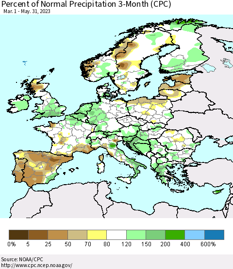 Europe Percent of Normal Precipitation 3-Month (CPC) Thematic Map For 3/1/2023 - 5/31/2023
