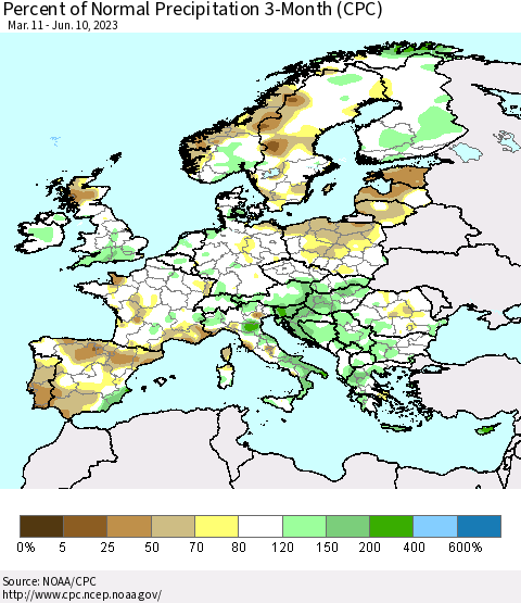 Europe Percent of Normal Precipitation 3-Month (CPC) Thematic Map For 3/11/2023 - 6/10/2023
