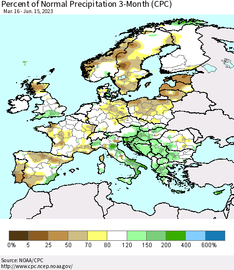 Europe Percent of Normal Precipitation 3-Month (CPC) Thematic Map For 3/16/2023 - 6/15/2023