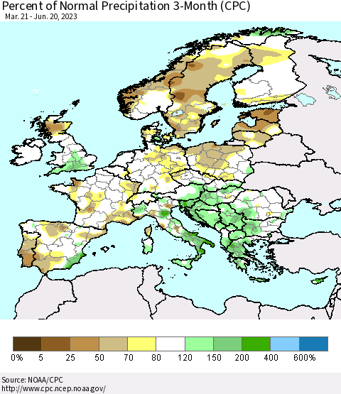 Europe Percent of Normal Precipitation 3-Month (CPC) Thematic Map For 3/21/2023 - 6/20/2023