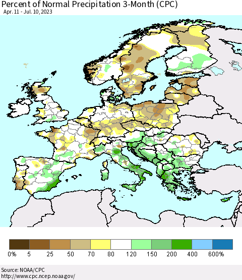 Europe Percent of Normal Precipitation 3-Month (CPC) Thematic Map For 4/11/2023 - 7/10/2023