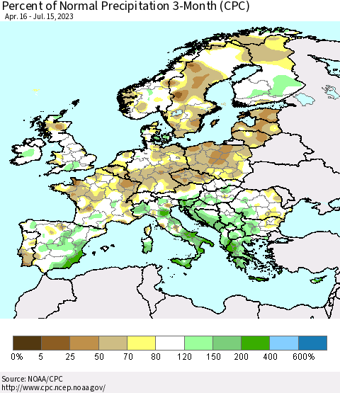 Europe Percent of Normal Precipitation 3-Month (CPC) Thematic Map For 4/16/2023 - 7/15/2023