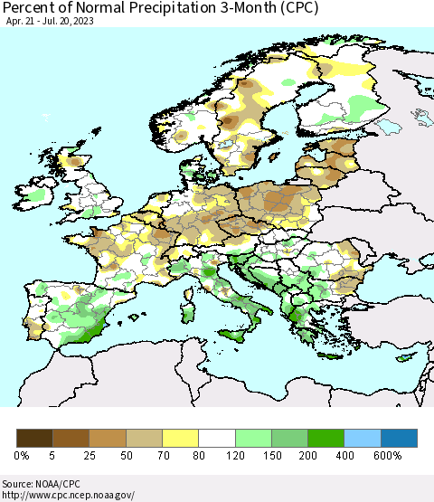 Europe Percent of Normal Precipitation 3-Month (CPC) Thematic Map For 4/21/2023 - 7/20/2023