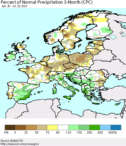 Europe Percent of Normal Precipitation 3-Month (CPC) Thematic Map For 4/26/2023 - 7/25/2023