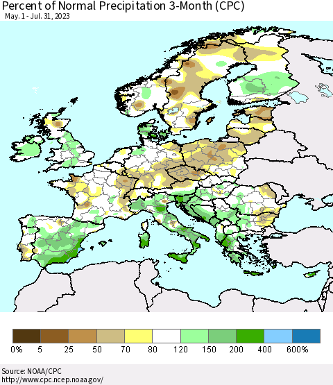 Europe Percent of Normal Precipitation 3-Month (CPC) Thematic Map For 5/1/2023 - 7/31/2023