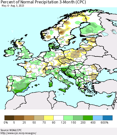 Europe Percent of Normal Precipitation 3-Month (CPC) Thematic Map For 5/6/2023 - 8/5/2023