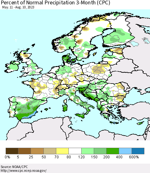 Europe Percent of Normal Precipitation 3-Month (CPC) Thematic Map For 5/11/2023 - 8/10/2023