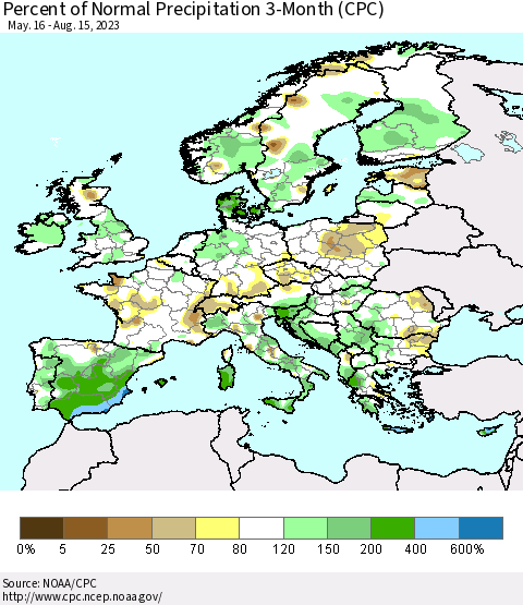 Europe Percent of Normal Precipitation 3-Month (CPC) Thematic Map For 5/16/2023 - 8/15/2023