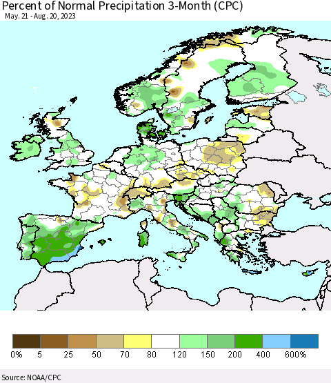 Europe Percent of Normal Precipitation 3-Month (CPC) Thematic Map For 5/21/2023 - 8/20/2023