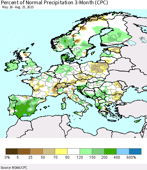 Europe Percent of Normal Precipitation 3-Month (CPC) Thematic Map For 5/26/2023 - 8/25/2023