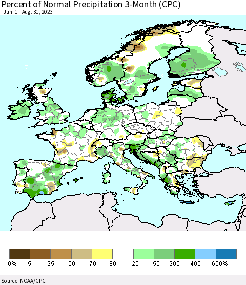 Europe Percent of Normal Precipitation 3-Month (CPC) Thematic Map For 6/1/2023 - 8/31/2023