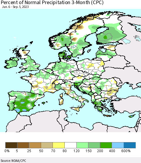 Europe Percent of Normal Precipitation 3-Month (CPC) Thematic Map For 6/6/2023 - 9/5/2023