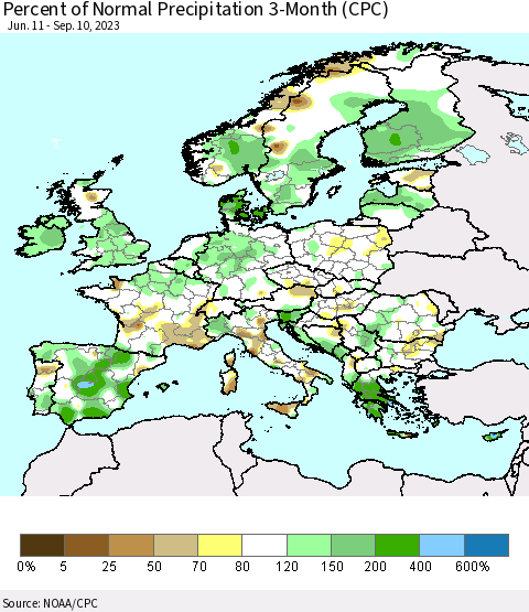 Europe Percent of Normal Precipitation 3-Month (CPC) Thematic Map For 6/11/2023 - 9/10/2023