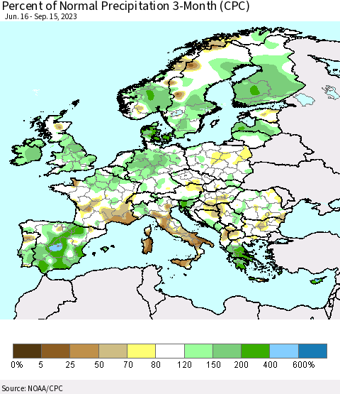 Europe Percent of Normal Precipitation 3-Month (CPC) Thematic Map For 6/16/2023 - 9/15/2023