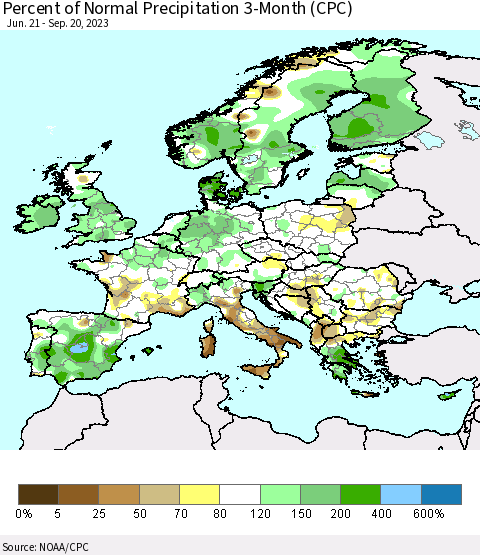Europe Percent of Normal Precipitation 3-Month (CPC) Thematic Map For 6/21/2023 - 9/20/2023