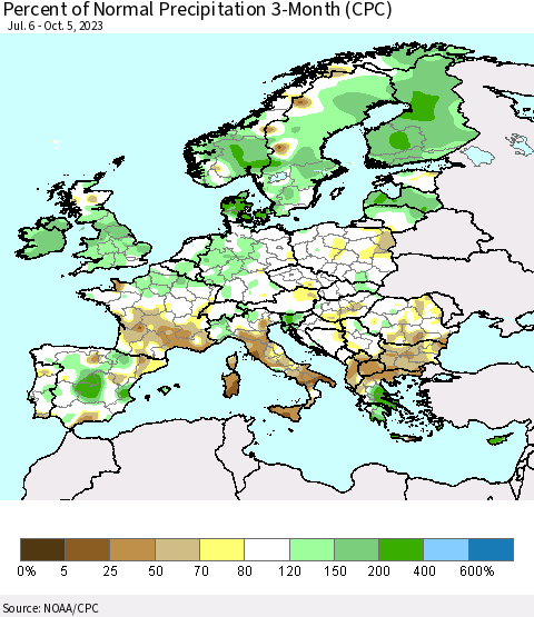 Europe Percent of Normal Precipitation 3-Month (CPC) Thematic Map For 7/6/2023 - 10/5/2023