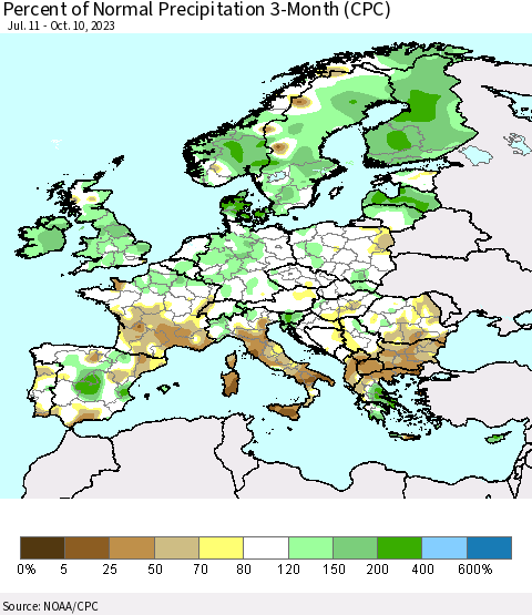 Europe Percent of Normal Precipitation 3-Month (CPC) Thematic Map For 7/11/2023 - 10/10/2023