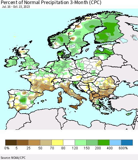 Europe Percent of Normal Precipitation 3-Month (CPC) Thematic Map For 7/16/2023 - 10/15/2023