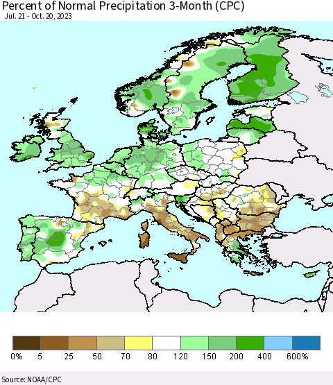 Europe Percent of Normal Precipitation 3-Month (CPC) Thematic Map For 7/21/2023 - 10/20/2023