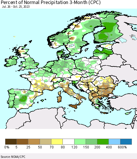Europe Percent of Normal Precipitation 3-Month (CPC) Thematic Map For 7/26/2023 - 10/25/2023