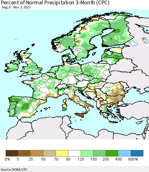 Europe Percent of Normal Precipitation 3-Month (CPC) Thematic Map For 8/6/2023 - 11/5/2023