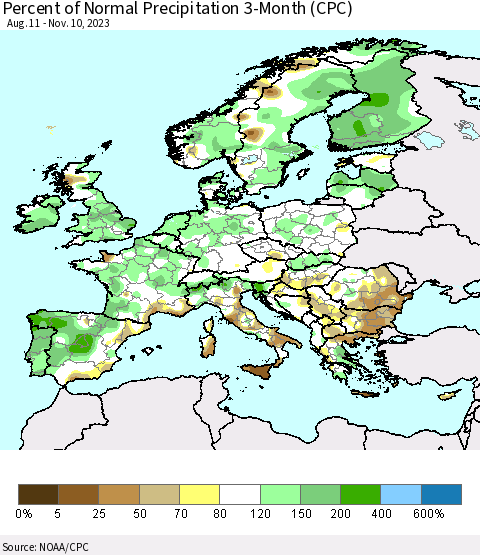 Europe Percent of Normal Precipitation 3-Month (CPC) Thematic Map For 8/11/2023 - 11/10/2023