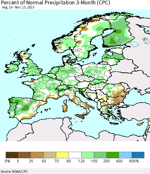 Europe Percent of Normal Precipitation 3-Month (CPC) Thematic Map For 8/16/2023 - 11/15/2023