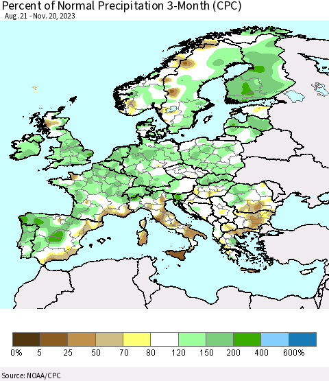 Europe Percent of Normal Precipitation 3-Month (CPC) Thematic Map For 8/21/2023 - 11/20/2023