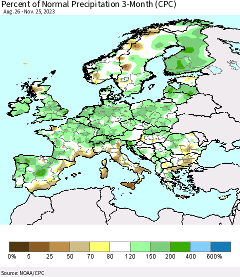 Europe Percent of Normal Precipitation 3-Month (CPC) Thematic Map For 8/26/2023 - 11/25/2023