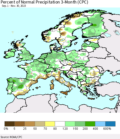 Europe Percent of Normal Precipitation 3-Month (CPC) Thematic Map For 9/1/2023 - 11/30/2023