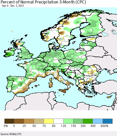 Europe Percent of Normal Precipitation 3-Month (CPC) Thematic Map For 9/6/2023 - 12/5/2023