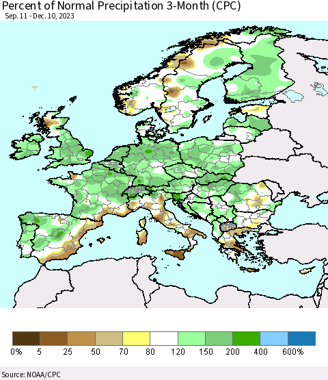 Europe Percent of Normal Precipitation 3-Month (CPC) Thematic Map For 9/11/2023 - 12/10/2023