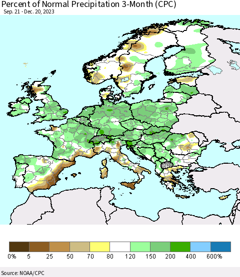 Europe Percent of Normal Precipitation 3-Month (CPC) Thematic Map For 9/21/2023 - 12/20/2023