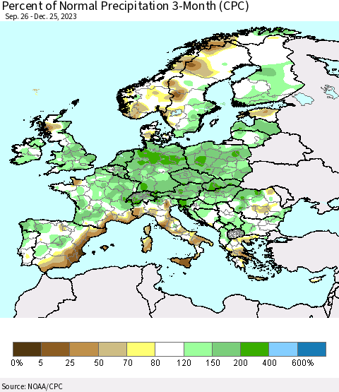 Europe Percent of Normal Precipitation 3-Month (CPC) Thematic Map For 9/26/2023 - 12/25/2023