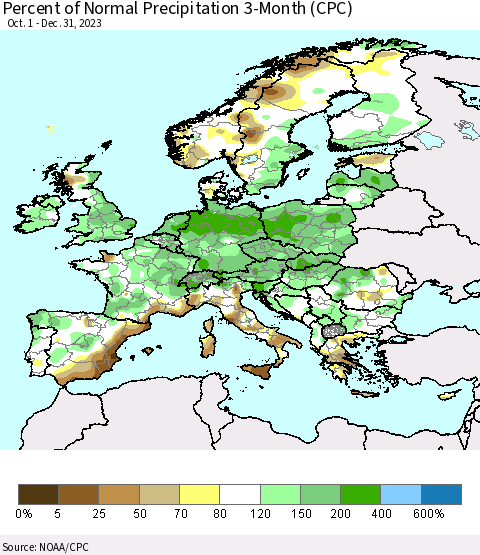 Europe Percent of Normal Precipitation 3-Month (CPC) Thematic Map For 10/1/2023 - 12/31/2023