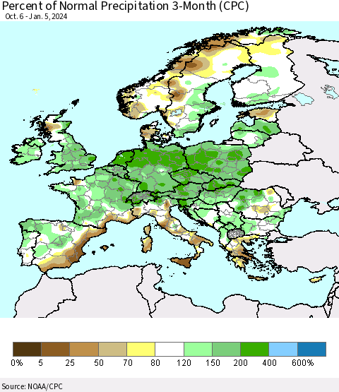 Europe Percent of Normal Precipitation 3-Month (CPC) Thematic Map For 10/6/2023 - 1/5/2024