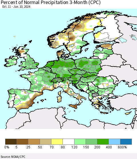 Europe Percent of Normal Precipitation 3-Month (CPC) Thematic Map For 10/11/2023 - 1/10/2024