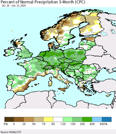 Europe Percent of Normal Precipitation 3-Month (CPC) Thematic Map For 10/16/2023 - 1/15/2024