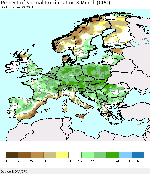 Europe Percent of Normal Precipitation 3-Month (CPC) Thematic Map For 10/21/2023 - 1/20/2024