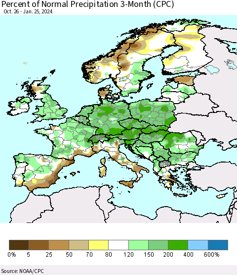 Europe Percent of Normal Precipitation 3-Month (CPC) Thematic Map For 10/26/2023 - 1/25/2024