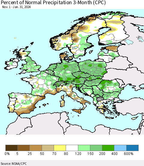 Europe Percent of Normal Precipitation 3-Month (CPC) Thematic Map For 11/1/2023 - 1/31/2024